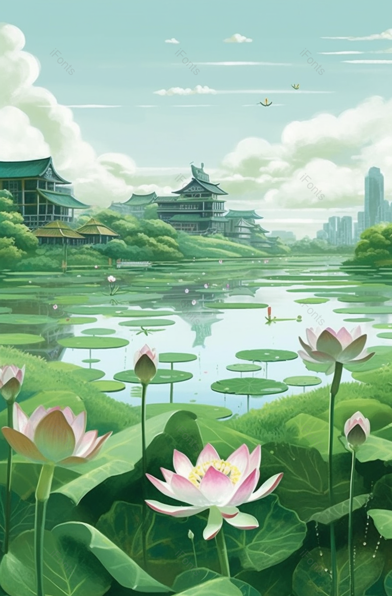 公园里池塘荷花盛开安逸舒适自然的环境节气背景素材插画壁纸,插画/手绘图,插画/手绘图库,插画/手绘图下载,插画/手绘
